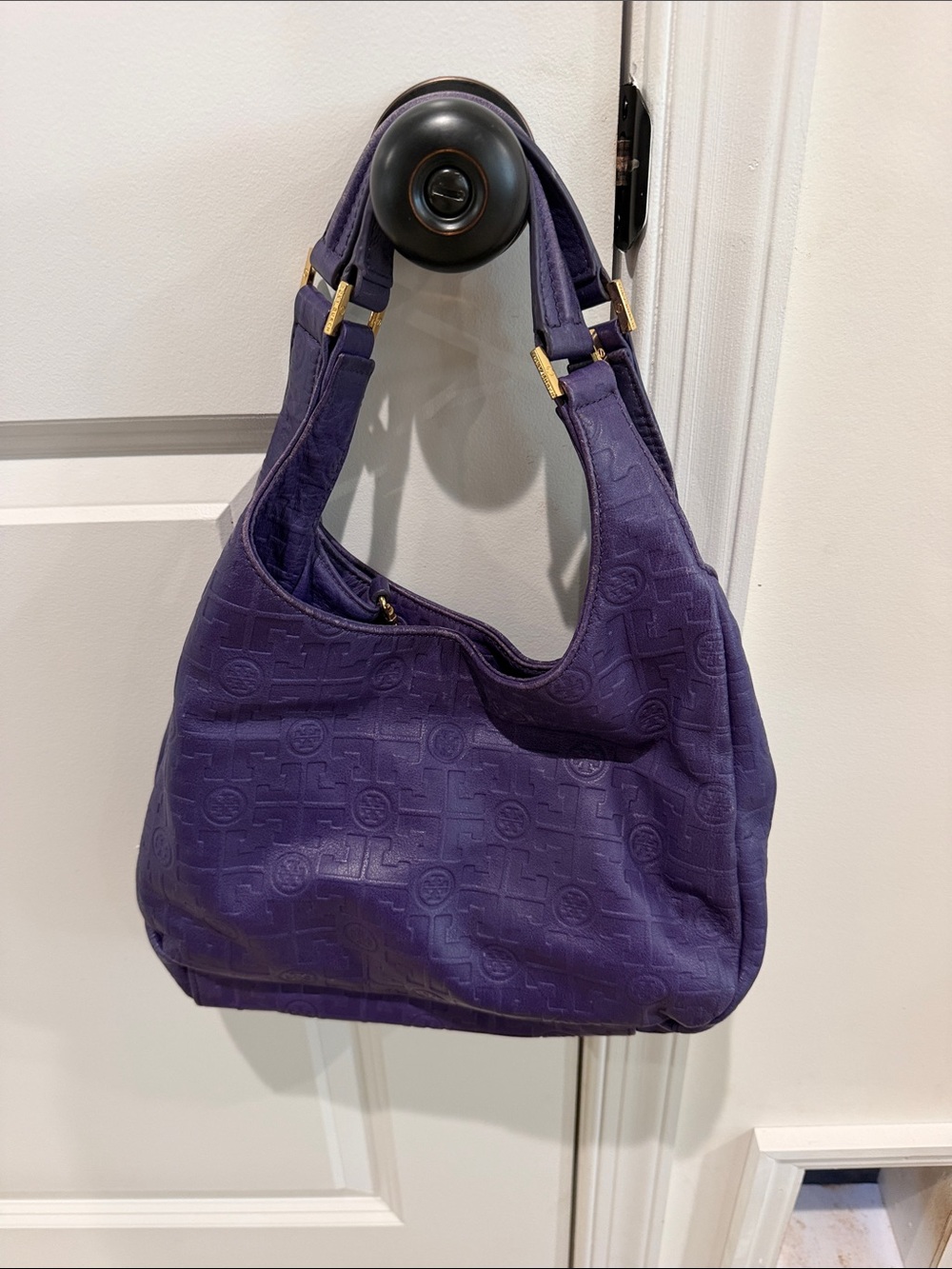 Tory Burch Deep Purple Embossed Leather Shoulder Bag